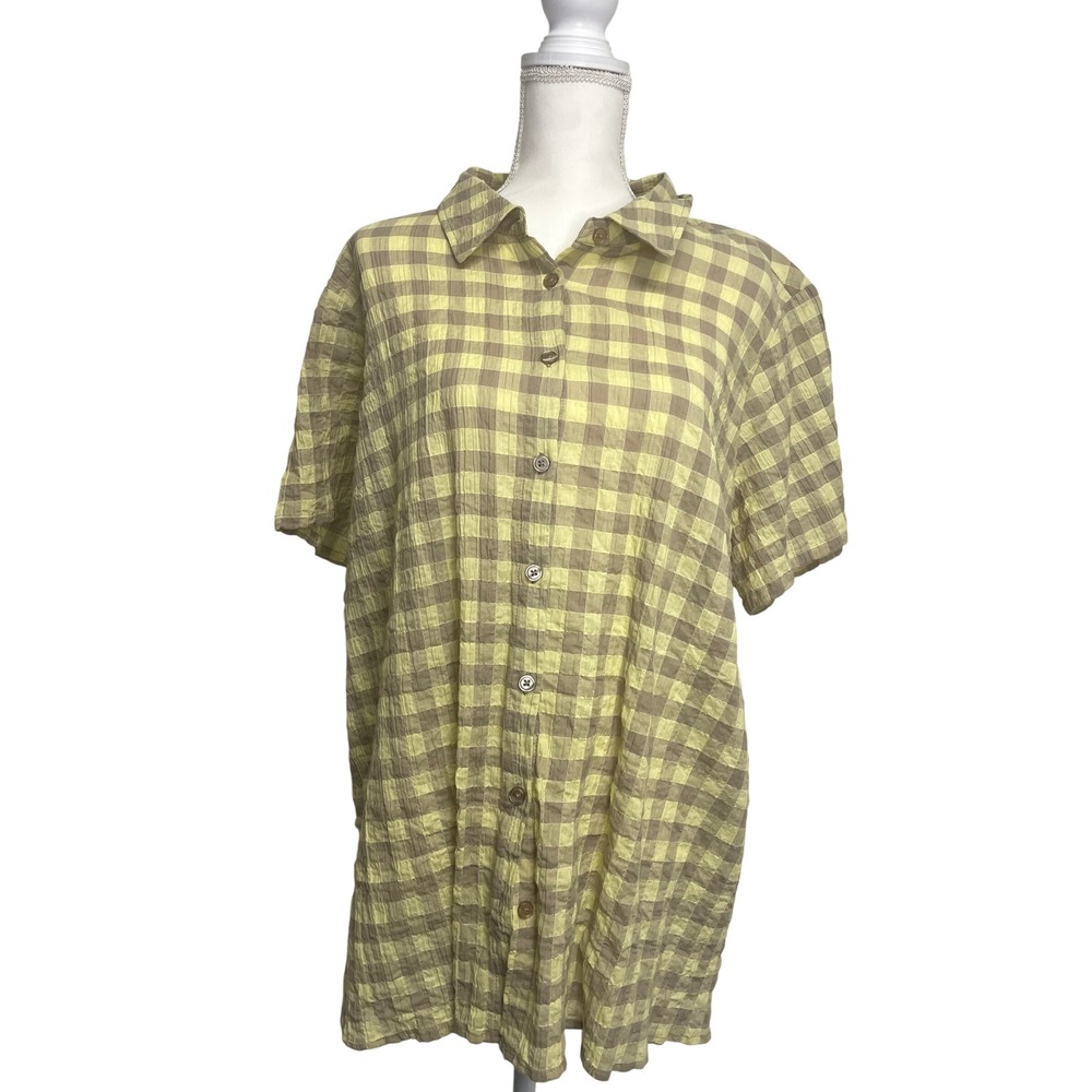 Joan Rivers, Yellow Plaid Short Sleeve Button Up‎ Shirt, Women's XL